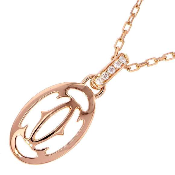 Cartier Necklace Logo Double C Diamond 5P Total 0.02ct K18PG Pink Gold - Picture 1 of 7